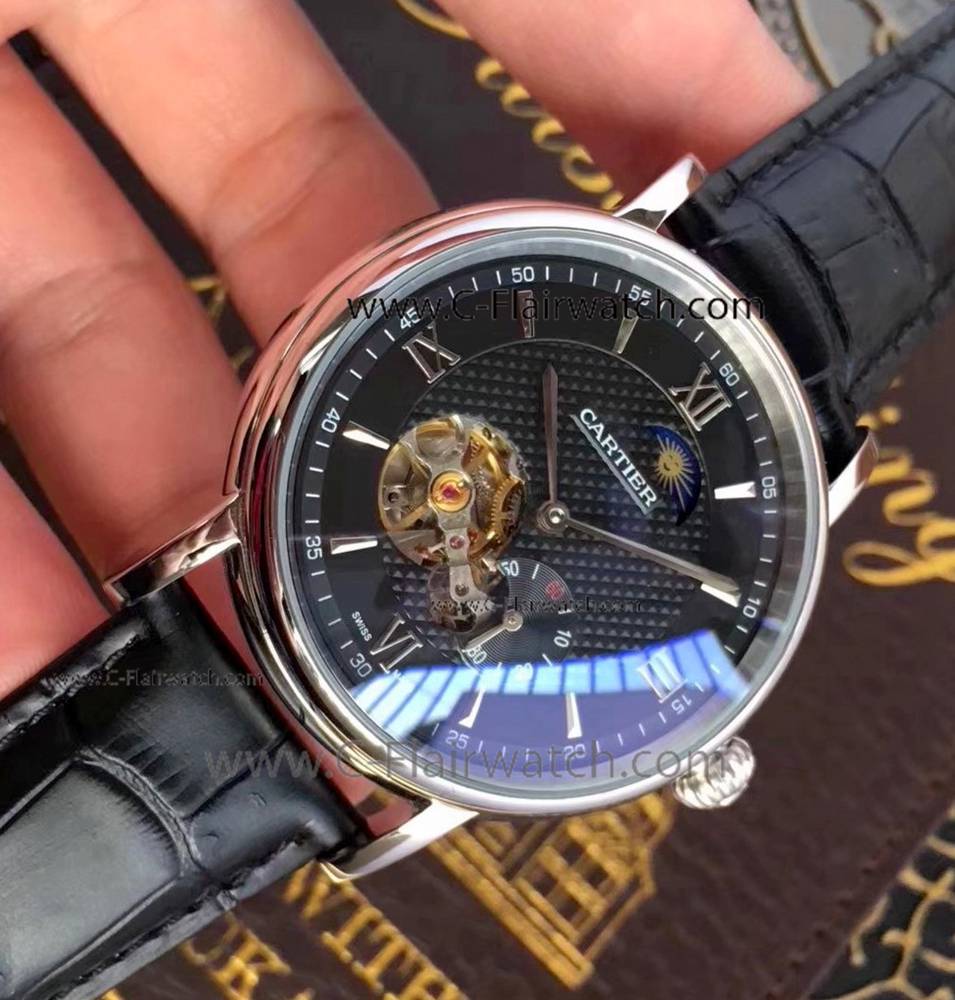 Fake Cartier Moonphase Mens Size Watch Black Dial